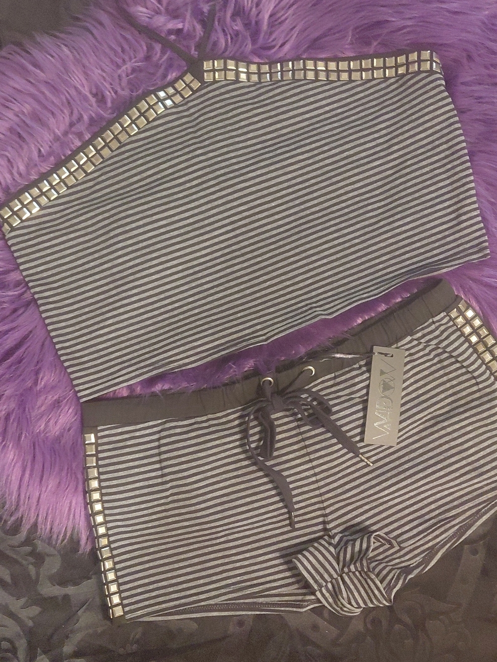 DOLLSKILL WIDOW Striped Black &GREY/ STUDS  Women's Lounge Shorts/Halter Top Set